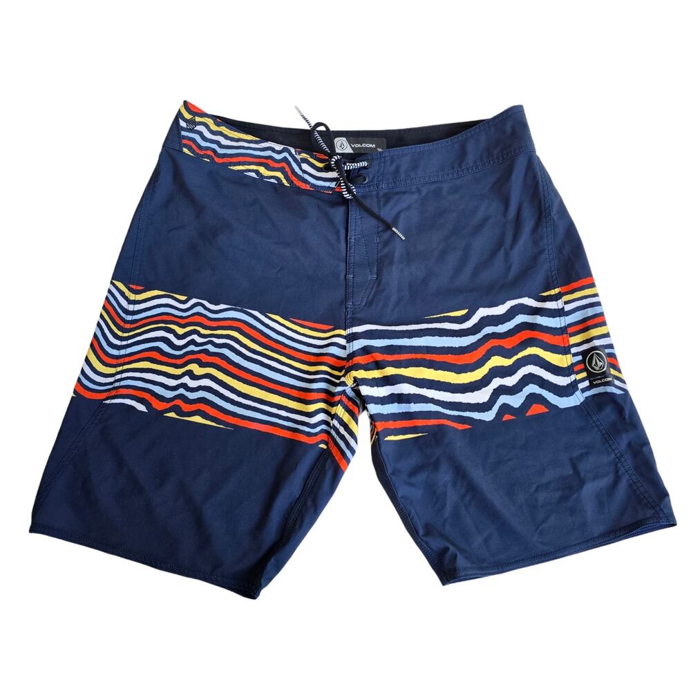Size 36 Volcom Mod-Tech Board Shorts Navy Blue Stripe Stretch Cinch Fly Swim
